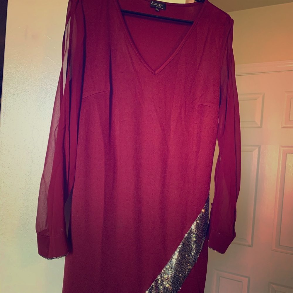 Maroon party dress with peep sleeves - L see desc